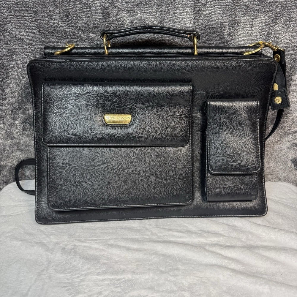 Pierre BALMAIN Paris Vintage Leather Briefcase Black Gold 80s Laptop Bag